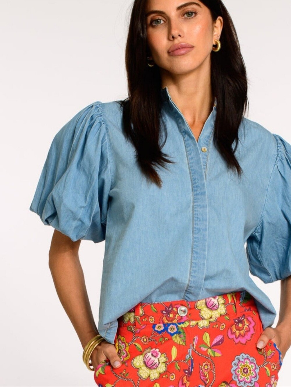 Olivia James The Label Annie Puff Sleeve Denim Blouse Size Extra Small XS